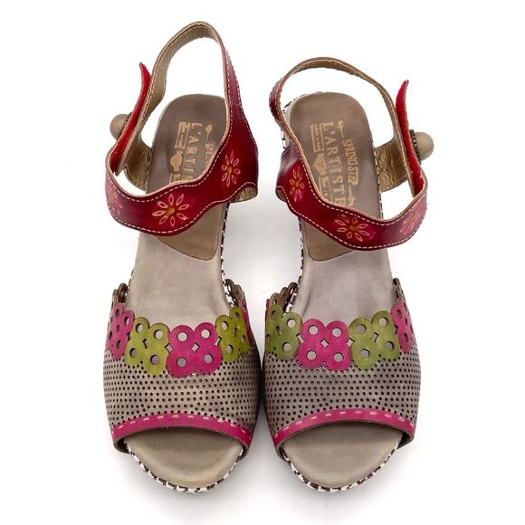 L’Artiste by Spring Step Jive Sandals Size 41 EU 9.5 US Red Floral Leather Heels - Picture 6 of 16